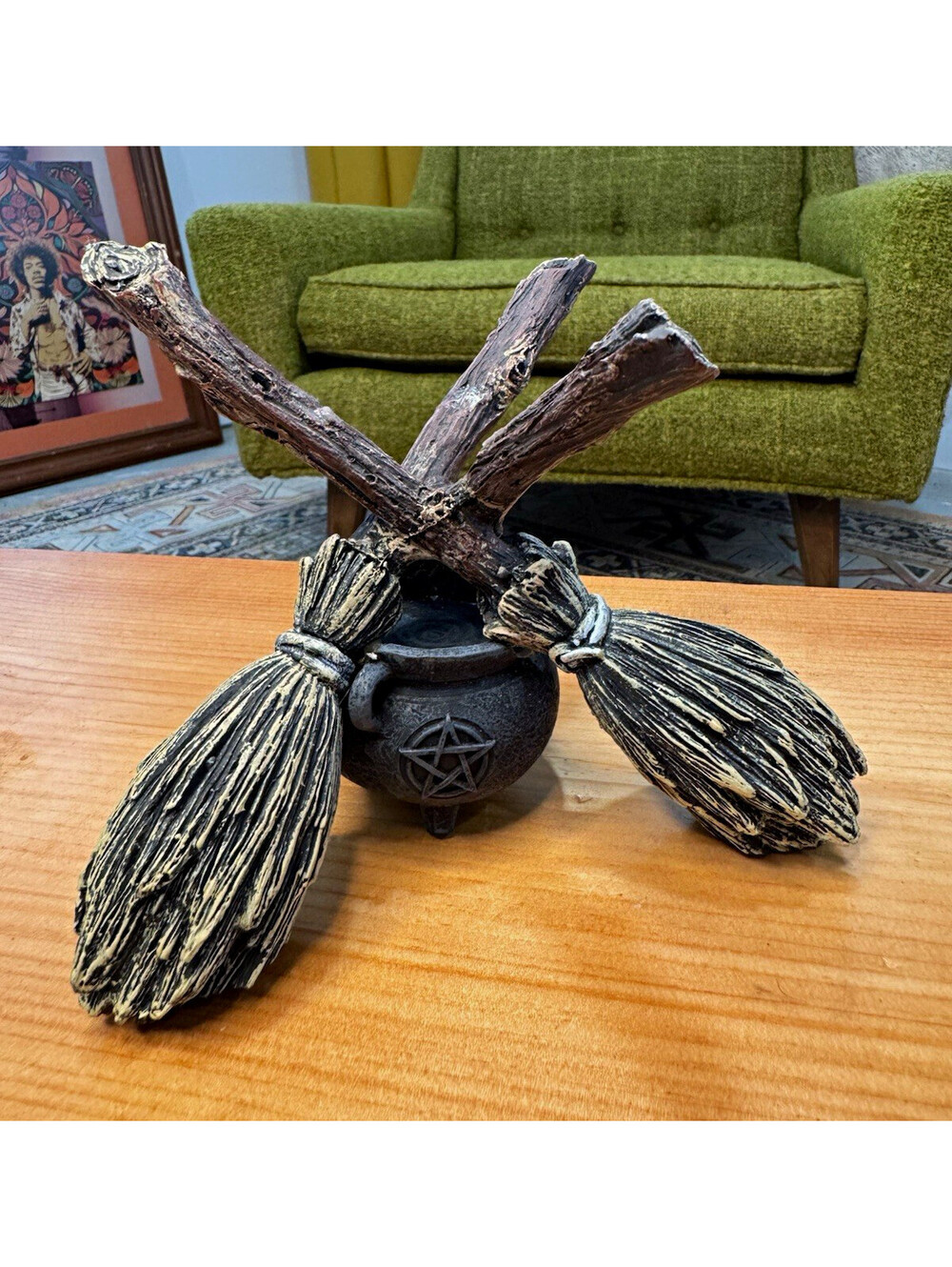 Resin Witch Broomsticks & Cauldron Figurine, Freestanding orb crystal ball stand